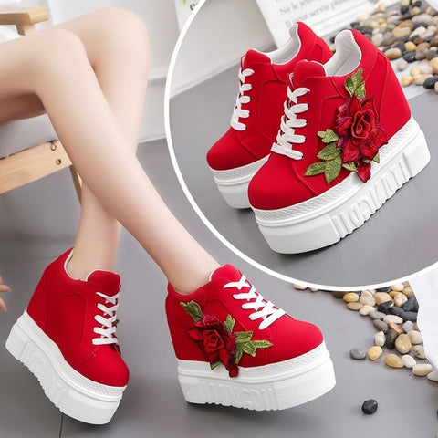 Fashion Women Shoes Female Embroidered Rose Shoes Ladies 12cm High Heels Thick Bottom Shoes