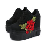 Fashion Women Shoes Female Embroidered Rose Shoes Ladies 12cm High Heels Thick Bottom Shoes