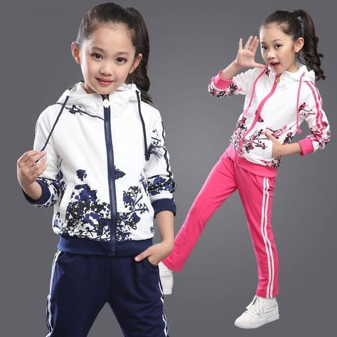 Fashion Girls Clothes Floral Zipper Kids Hoodies+Pants Kids Tracksuit Girls Sport Suit