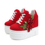 Fashion Women Shoes Female Embroidered Rose Shoes Ladies 12cm High Heels Thick Bottom Shoes